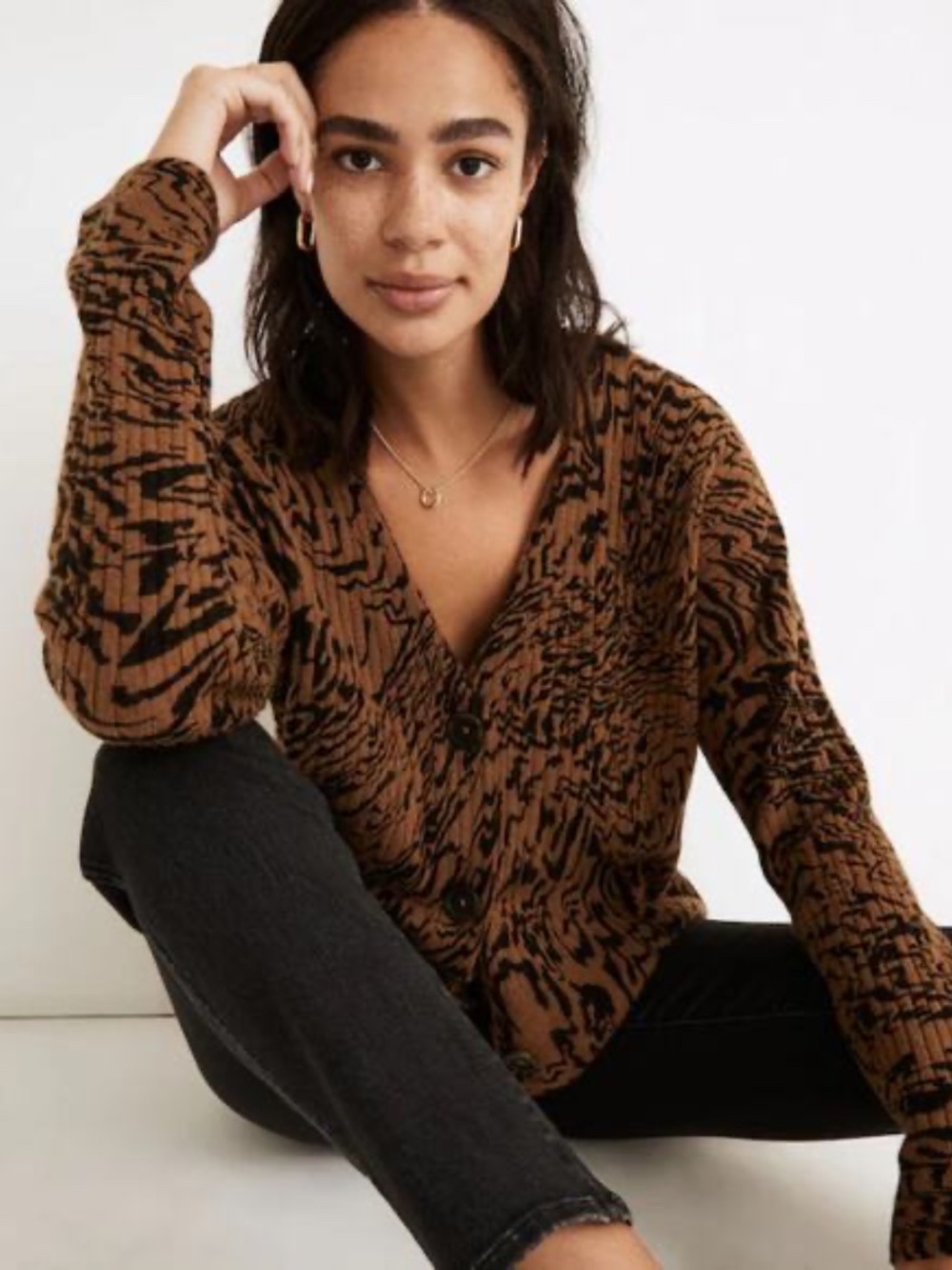 Madewell Tigerized Cameron Ribbed Cardigan Sweater Heather Chestnut | M